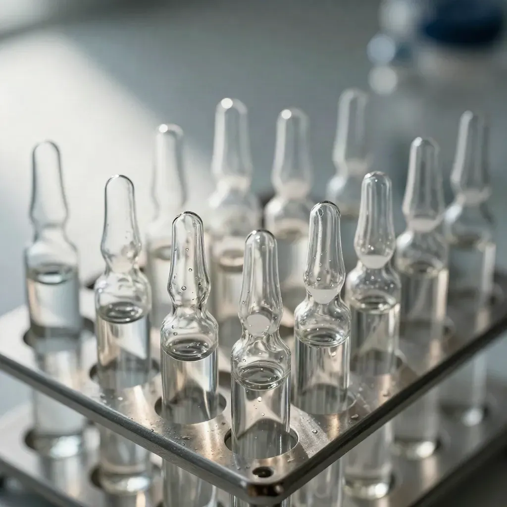Macro still life of lab ampoules and sample tubes in a brushed steel rack on pale metal