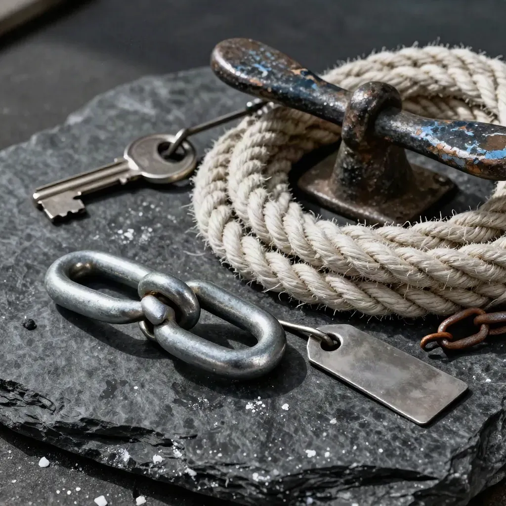 Galvanized mooring shackle, rope coil, cleat, and blank steel tags on dark stone with salt haze.