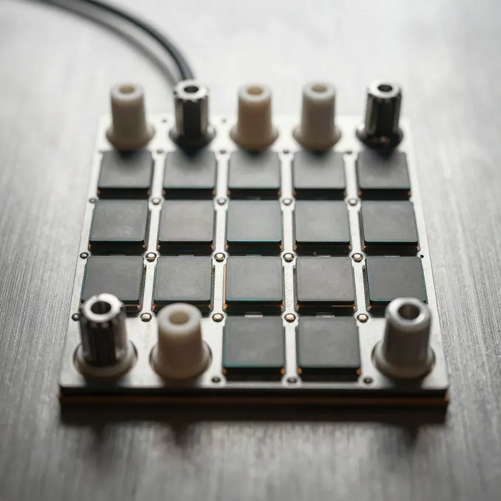 Silicon wafers, aluminum brackets, ceramic insulators and cable ferrules on brushed metal, top-down macro.
