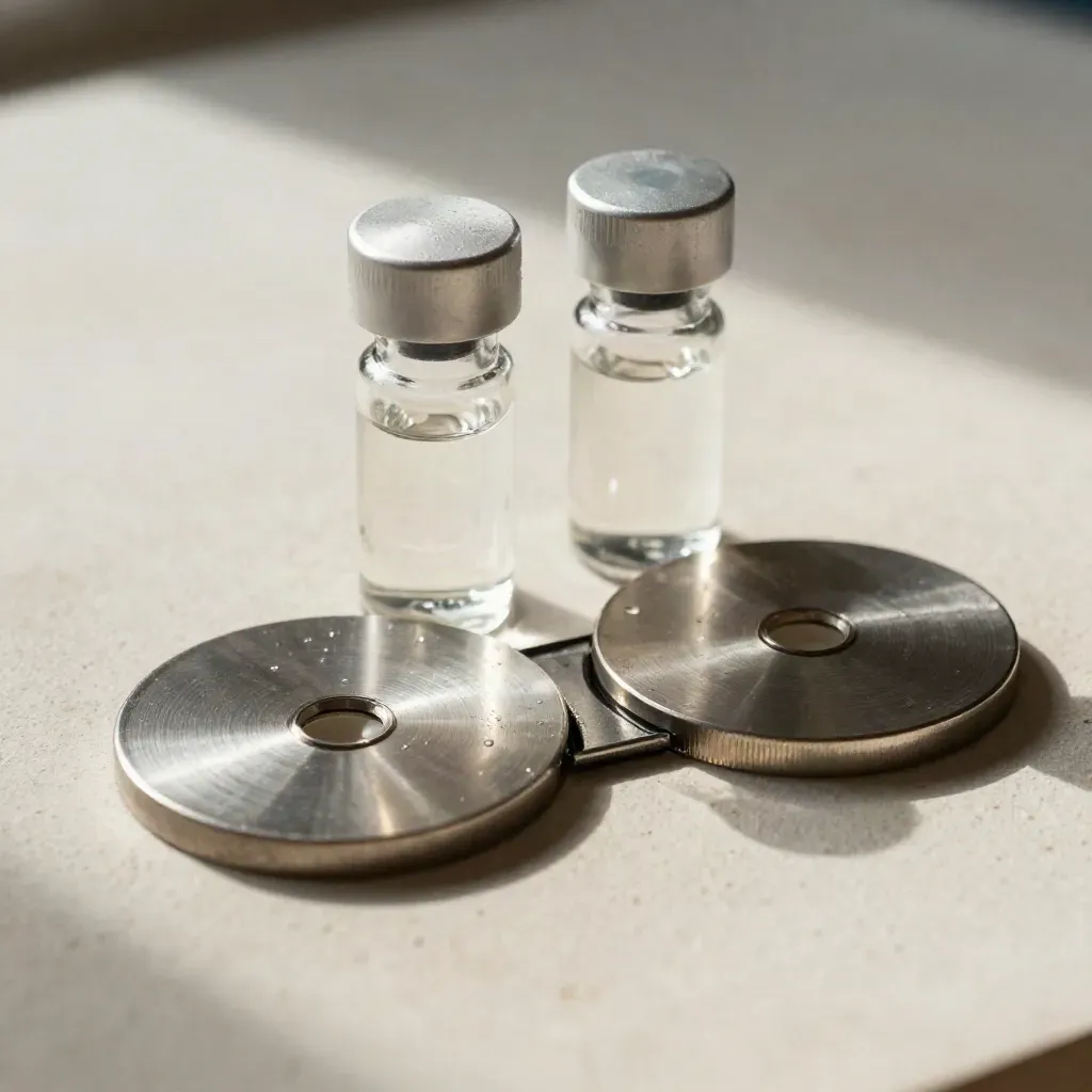 Top-down still life of specimen vials, steel discs, and a tray divider on pale plaster.