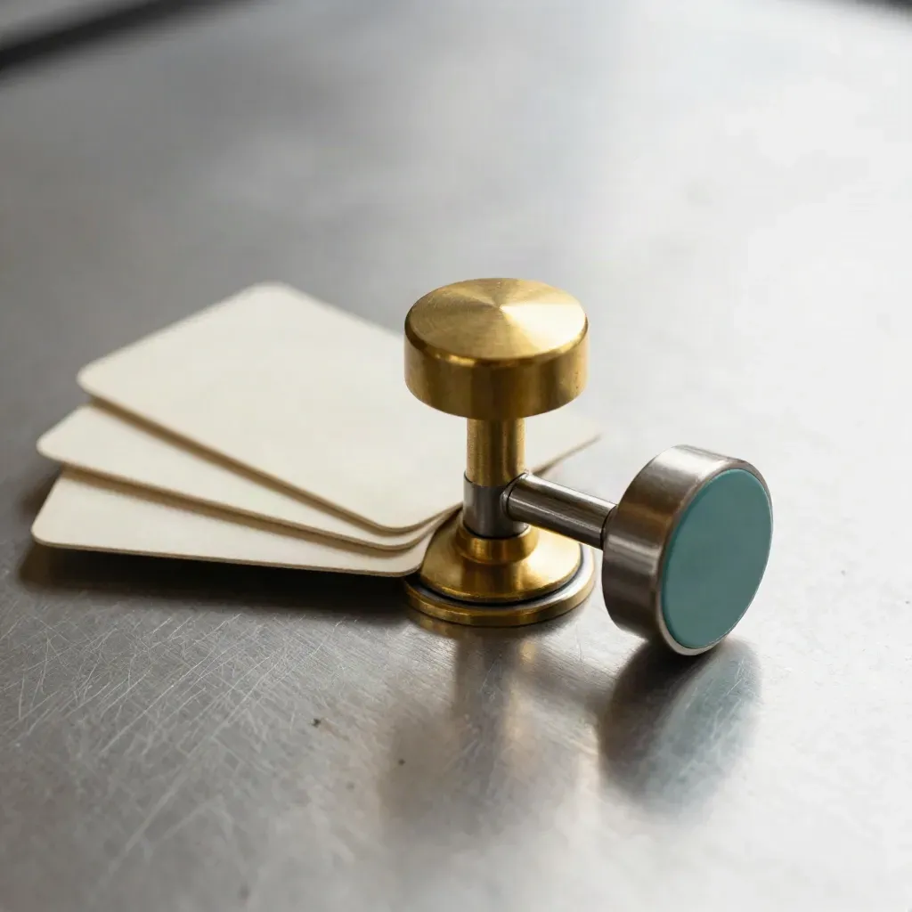 Brass selector knob with branching metal tabs and blank cards on brushed aluminum.